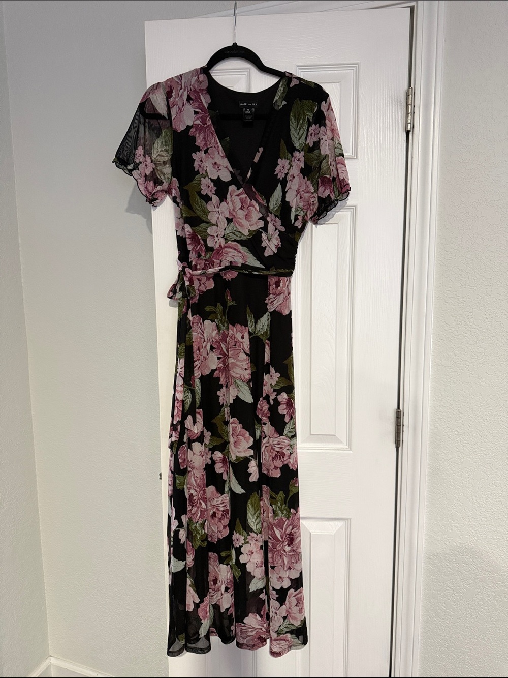 Women’s Black Midi Wrap Dress with Pink Floral Print maxi stretch